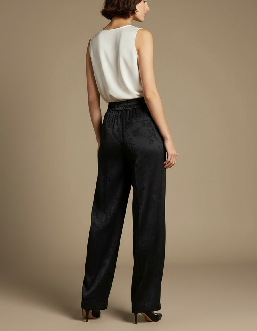 Pantalon Chinois Noir Jacquard Fluide Ample Élégant - Satin - vue 2