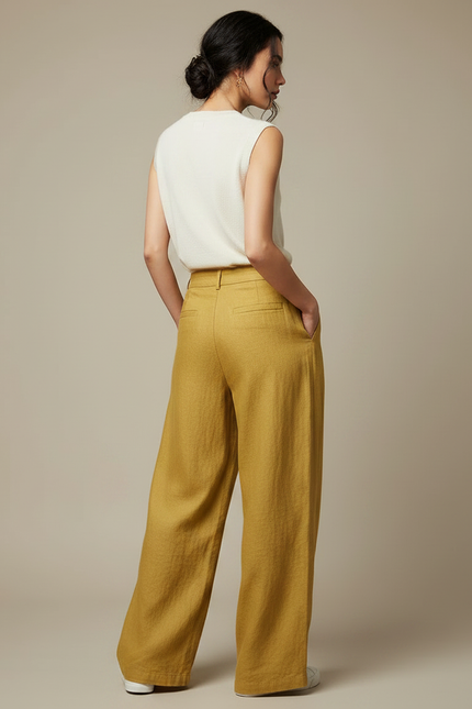 Pantalon Chinois Jaune Ample Lin Fluide Décontracté - vue 2