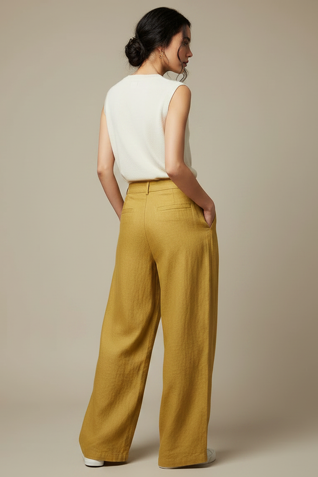 Pantalon Chinois Jaune Ample Lin Fluide Décontracté - vue 2