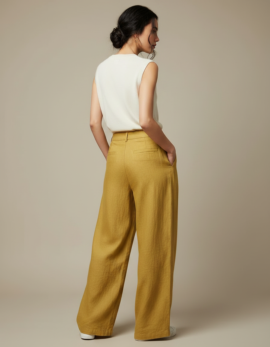 Pantalon Chinois Jaune Ample Lin Fluide Décontracté - vue 2