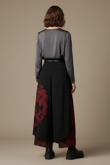Pantalon Chinois Noir Imprimé Rouge Fluide Ample - Viscose - vue 2