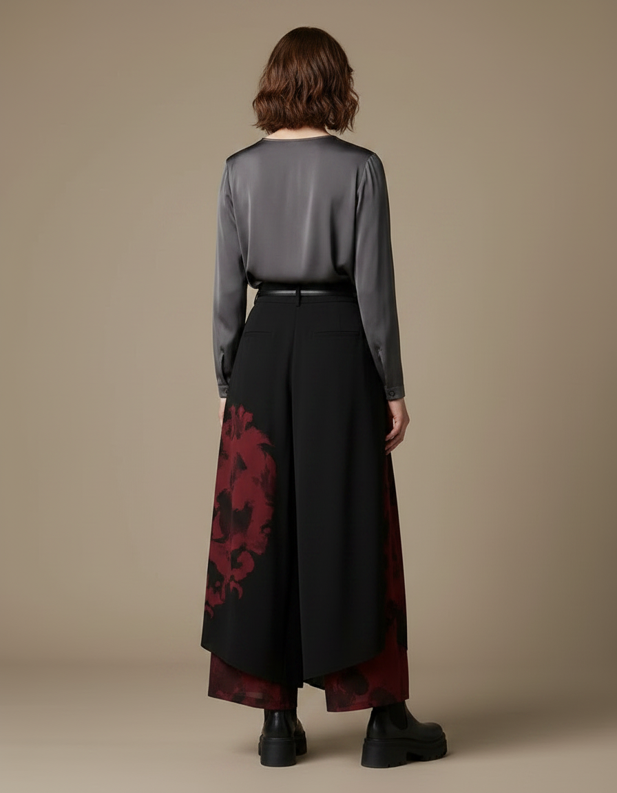 Pantalon Chinois Noir Imprimé Rouge Fluide Ample - Viscose - vue 2