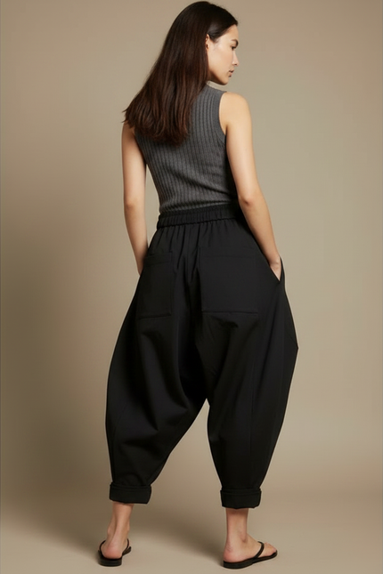 Pantalon Chinois Noir Ample Fluide Décontracté Harem - Polyester - vue 2