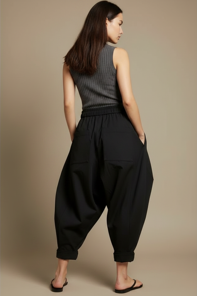Pantalon Chinois Noir Ample Fluide Décontracté Harem - Polyester - vue 2