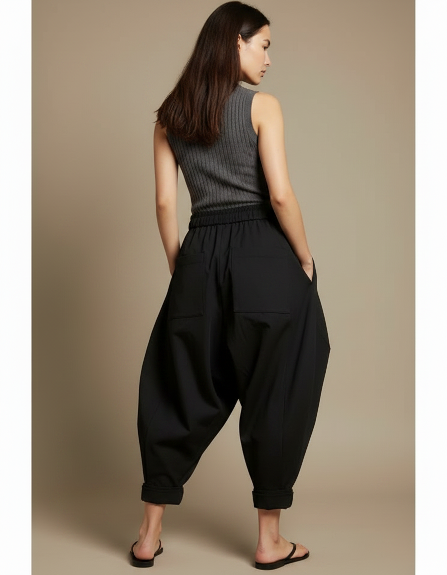 Pantalon Chinois Noir Ample Fluide Décontracté Harem - Polyester - vue 2