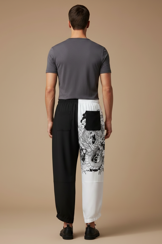 Pantalon Chinois Harem Dragon Bicolore Décontracté Noir Blanc - Multicolore Polyester - vue 2