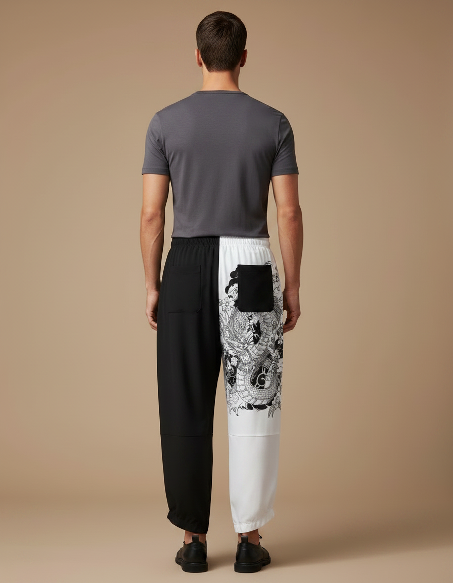 Pantalon Chinois Harem Dragon Bicolore Décontracté Noir Blanc - Multicolore Polyester - vue 2