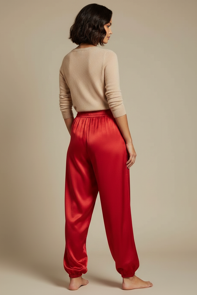 Pantalon Chinois Rouge Satin Dragon Doré Ample - vue 2