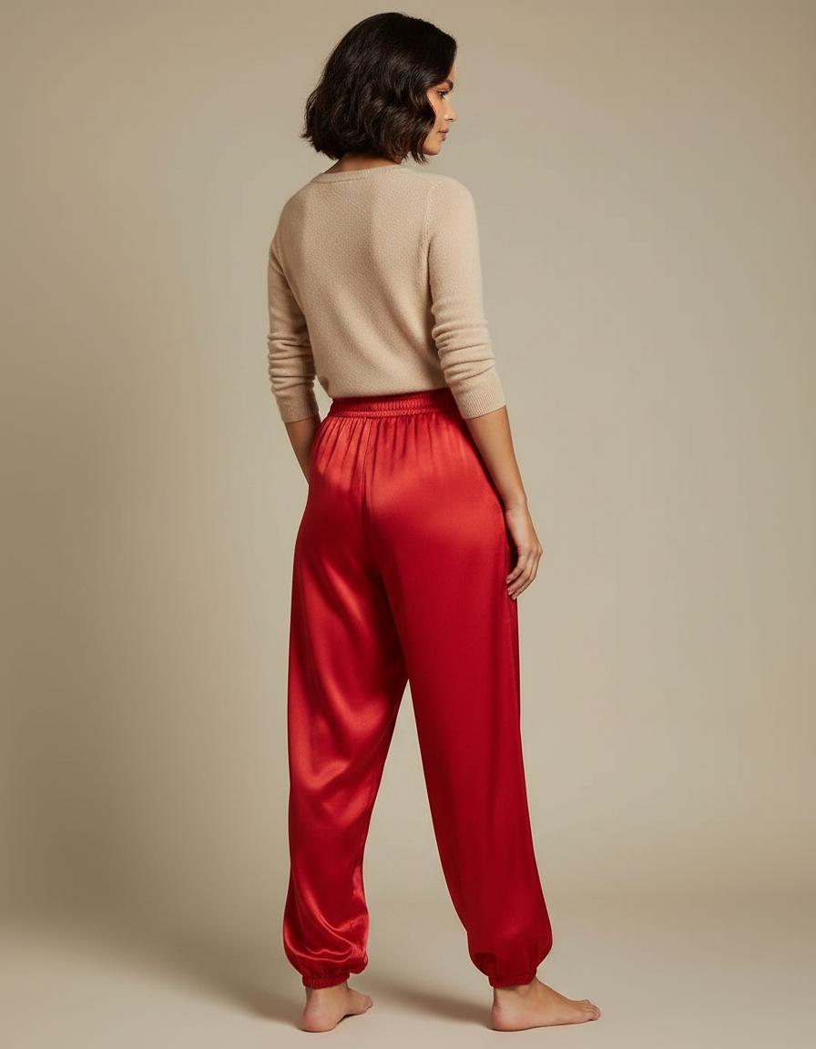Pantalon Chinois Rouge Satin Dragon Doré Ample - vue 2