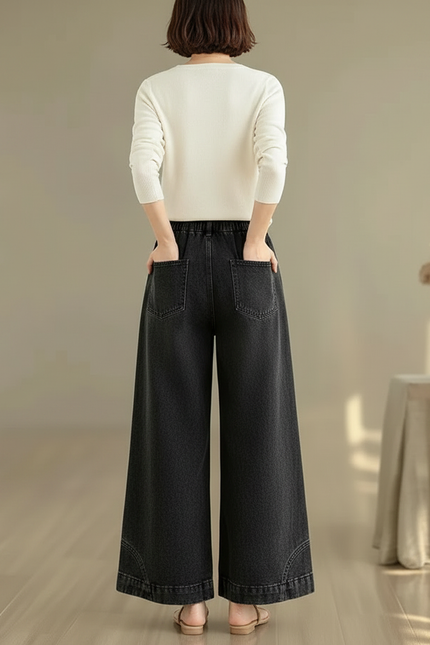 Pantalon Chinois Denim Large Ample Noir Décontracté - Jean - vue 2