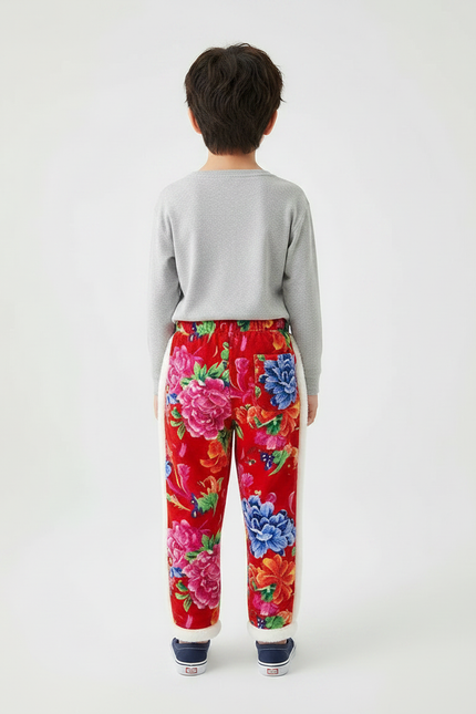 Pantalon Chinois Rouge Floral Matelassé Enfant Doublé - Velours - vue 2