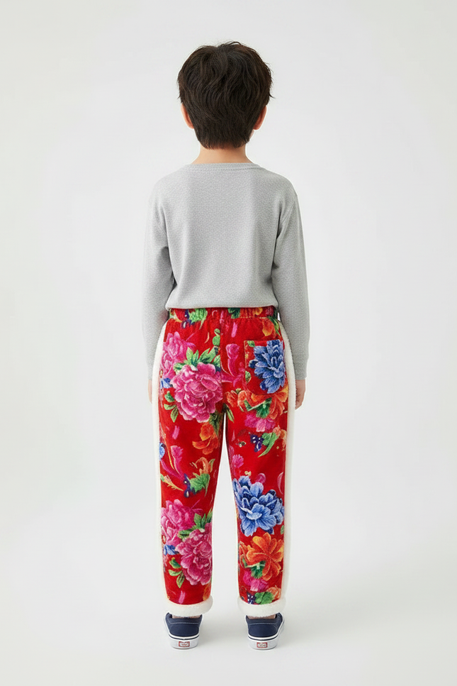 Pantalon Chinois Rouge Floral Matelassé Enfant Doublé - Velours - vue 2