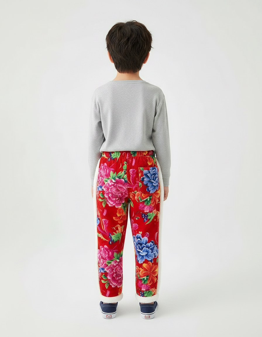 Pantalon Chinois Rouge Floral Matelassé Enfant Doublé - Velours - vue 2