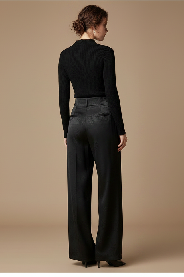 Pantalon Chinois Noir Jacquard Ample Fluide Élégant - Satin - vue 2