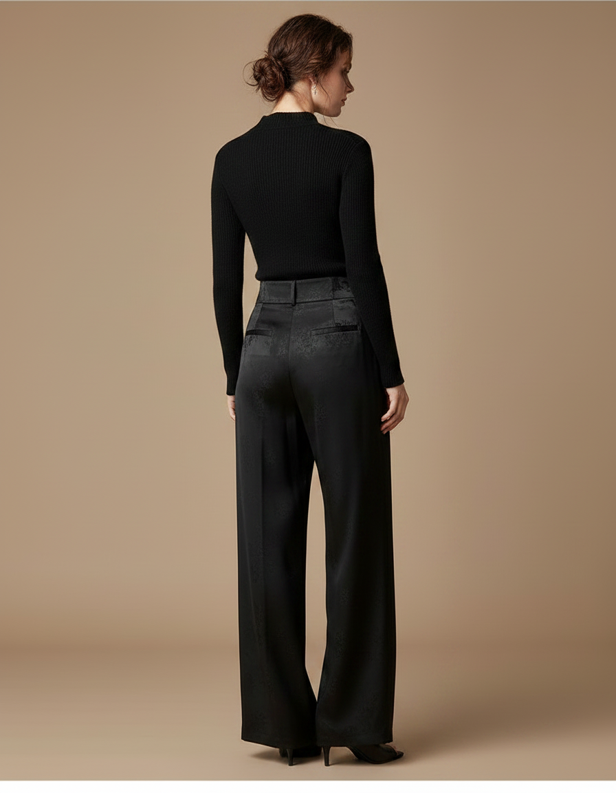 Pantalon Chinois Noir Jacquard Ample Fluide Élégant - Satin - vue 2