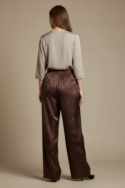 Pantalon Chinois Marron Satin Jacquard Ample Fluide - vue 2