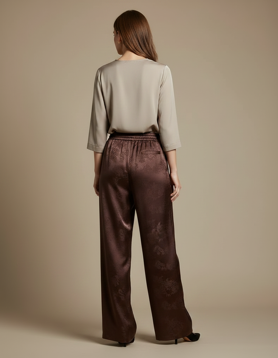 Pantalon Chinois Marron Satin Jacquard Ample Fluide - vue 2