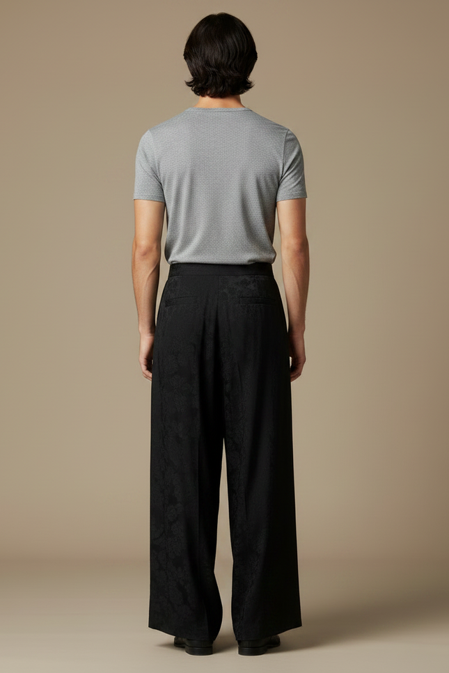 Pantalon Chinois Noir Jacquard Brodé Ample Ethnique Vintage - Soie - vue 2
