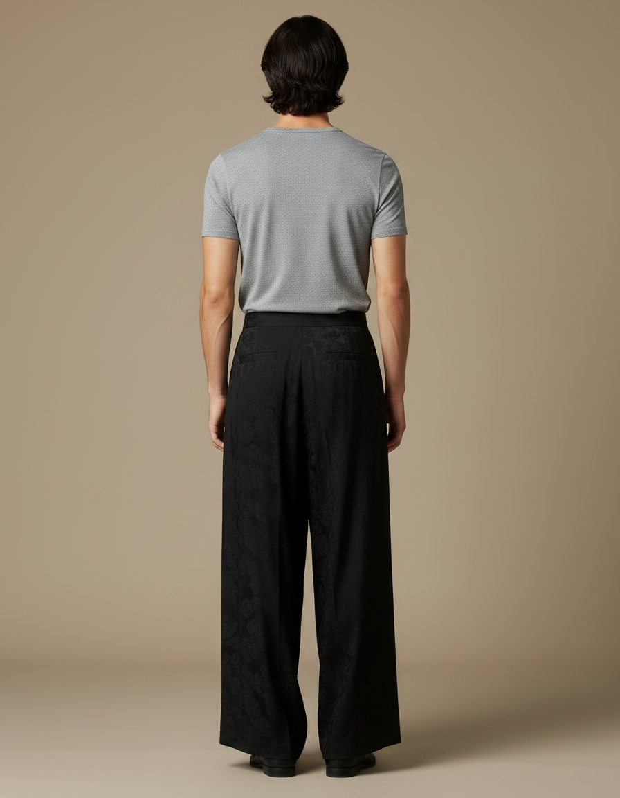 Pantalon Chinois Noir Jacquard Brodé Ample Ethnique Vintage - Soie - vue 2