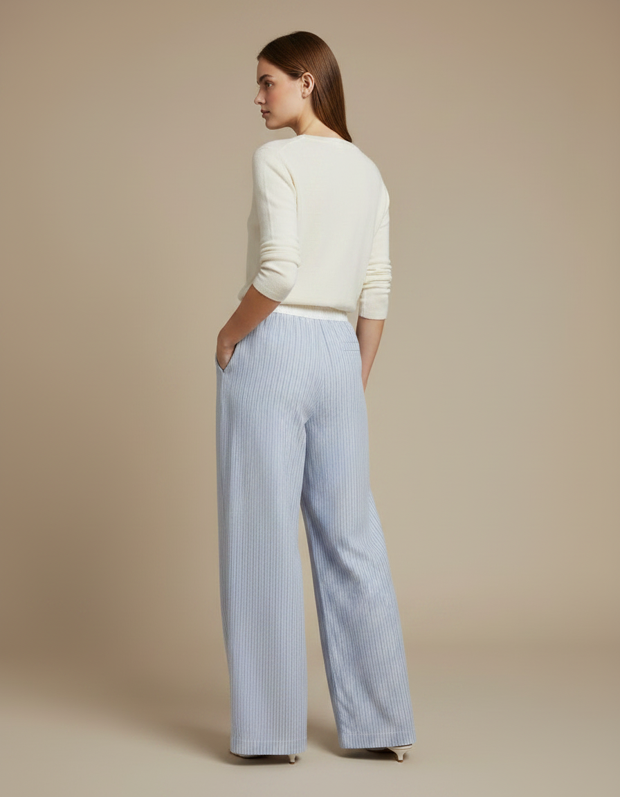 Pantalon Chinois Bleu Rayé Ample Décontracté Coton - vue 2