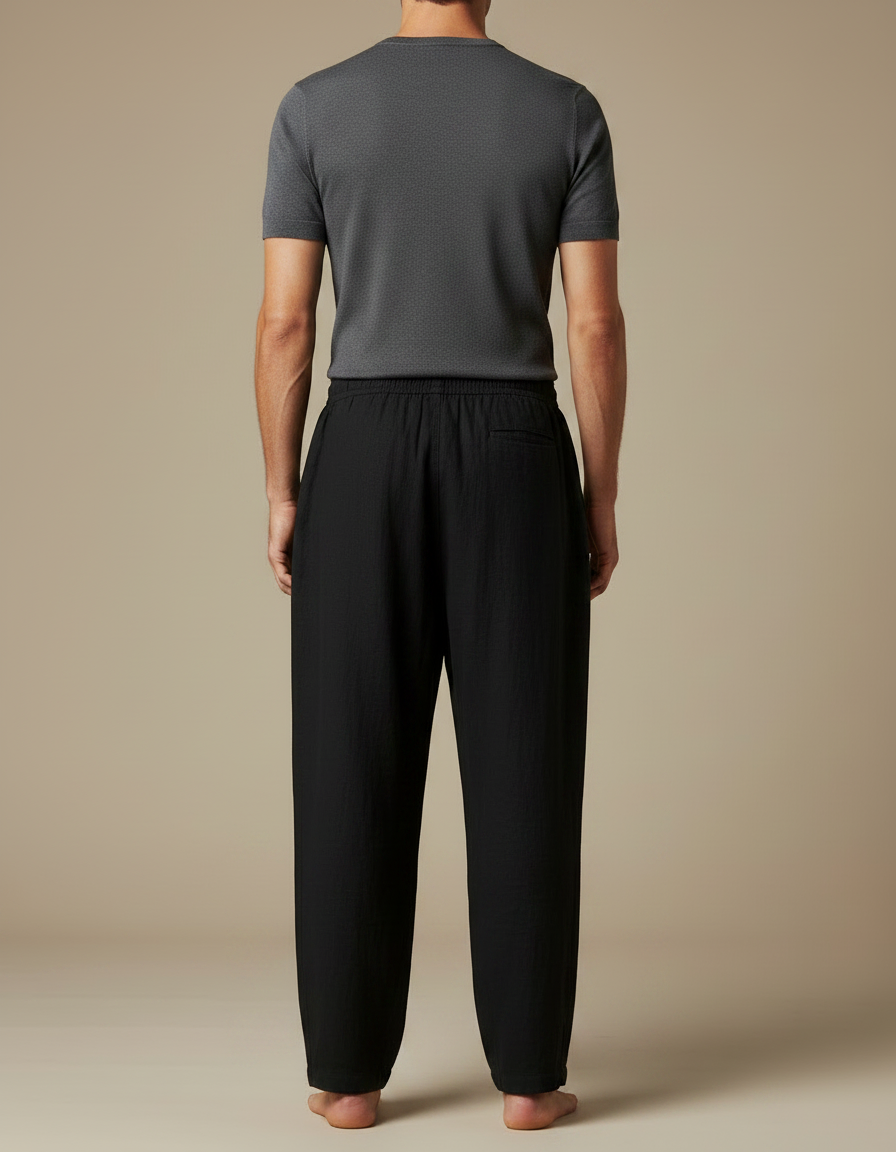 Pantalon Chinois Noir Lin Ample Décontracté Homme - vue 2