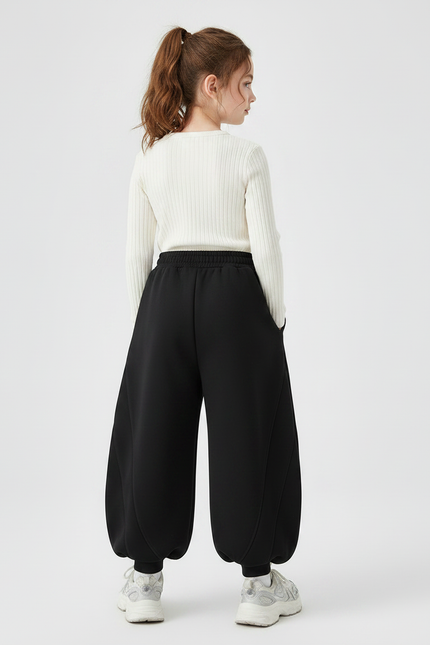Pantalon Chinois Noir Ample Épais Fille Sportif - Molleton - vue 2