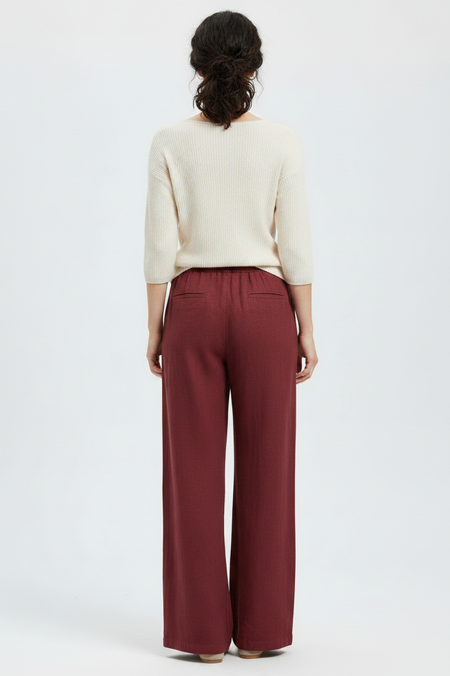 Pantalon Chinois Bordeaux Ample Lin Cordon Femme - vue 2