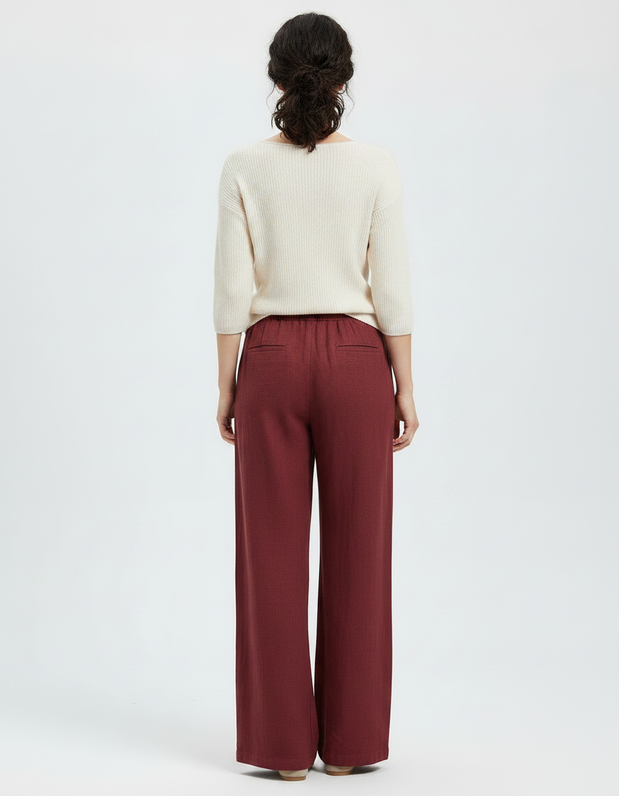 Pantalon Chinois Bordeaux Ample Lin Cordon Femme - vue 2