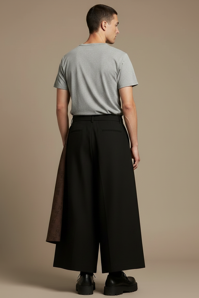 Pantalon Chinois Noir Ample Superposé Calligraphie Homme - Gabardine - vue 2