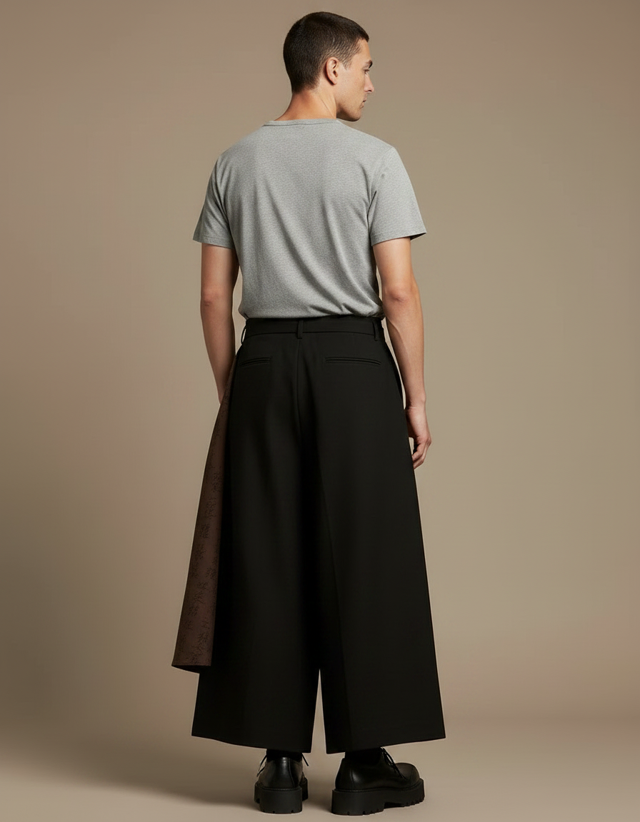 Pantalon Chinois Noir Ample Superposé Calligraphie Homme - Gabardine - vue 2