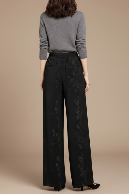 Pantalon Chinois Noir Brodé Fluide Ample Femme - Satin - vue 2