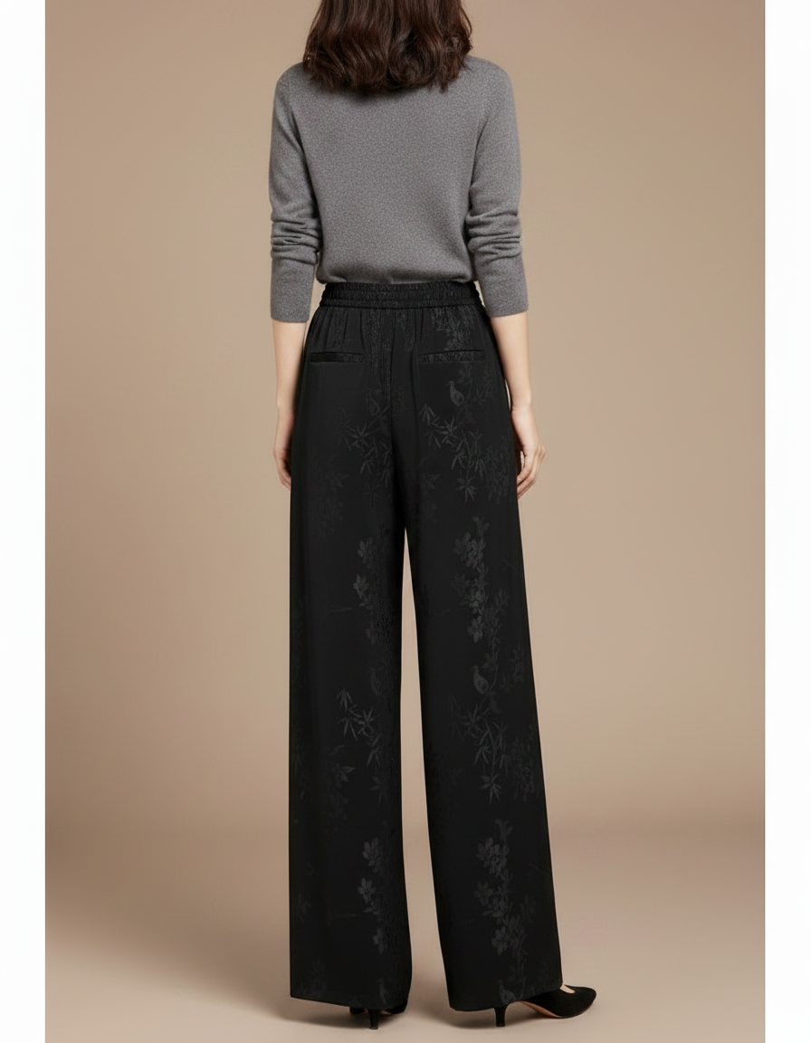 Pantalon Chinois Noir Brodé Fluide Ample Femme - Satin - vue 2