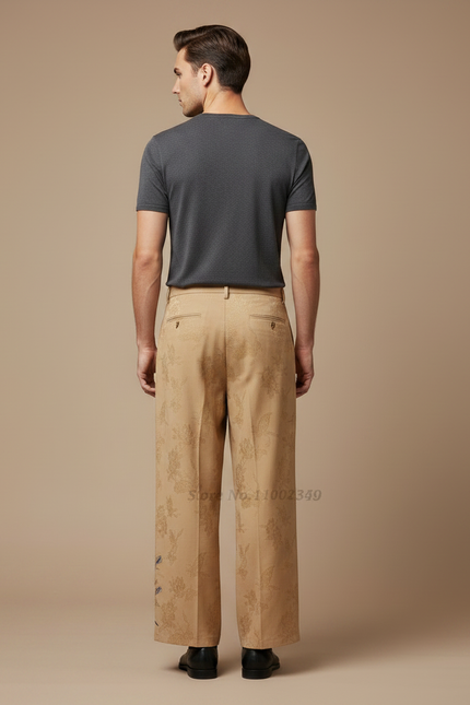 Pantalon Chinois Beige Brodé Jacquard Ample Vintage - Polyester - vue 2