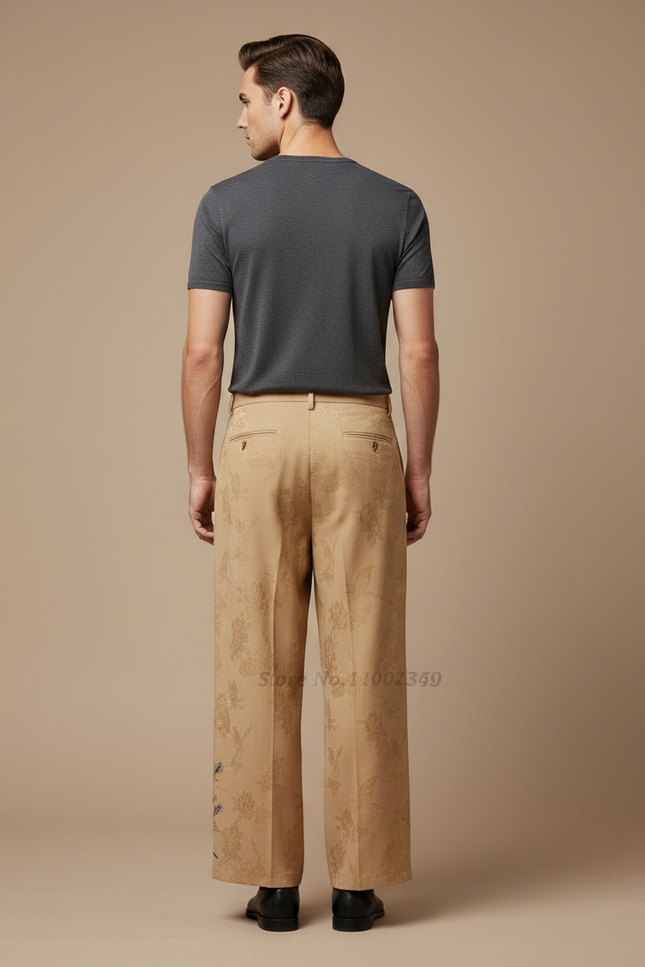 Pantalon Chinois Beige Brodé Jacquard Ample Vintage - Polyester - vue 2