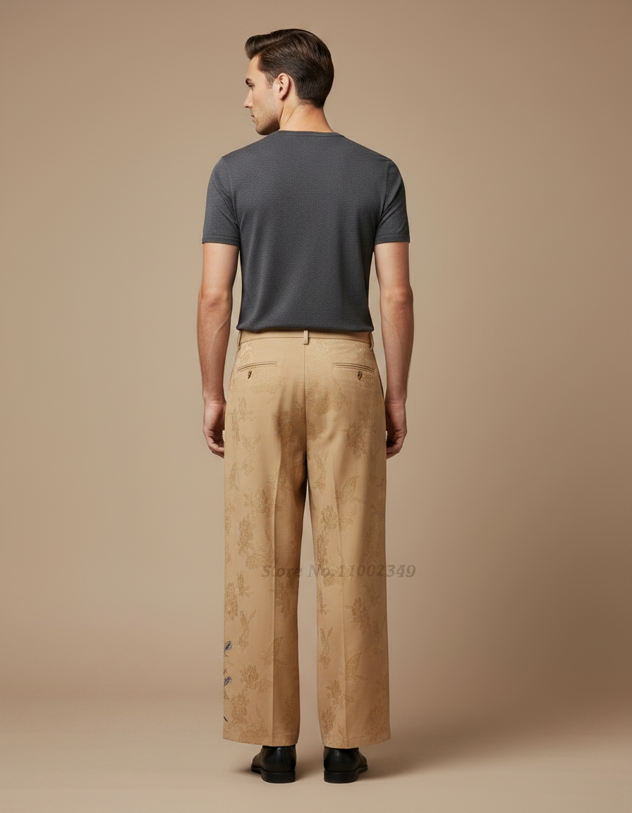 Pantalon Chinois Beige Brodé Jacquard Ample Vintage - Polyester - vue 2