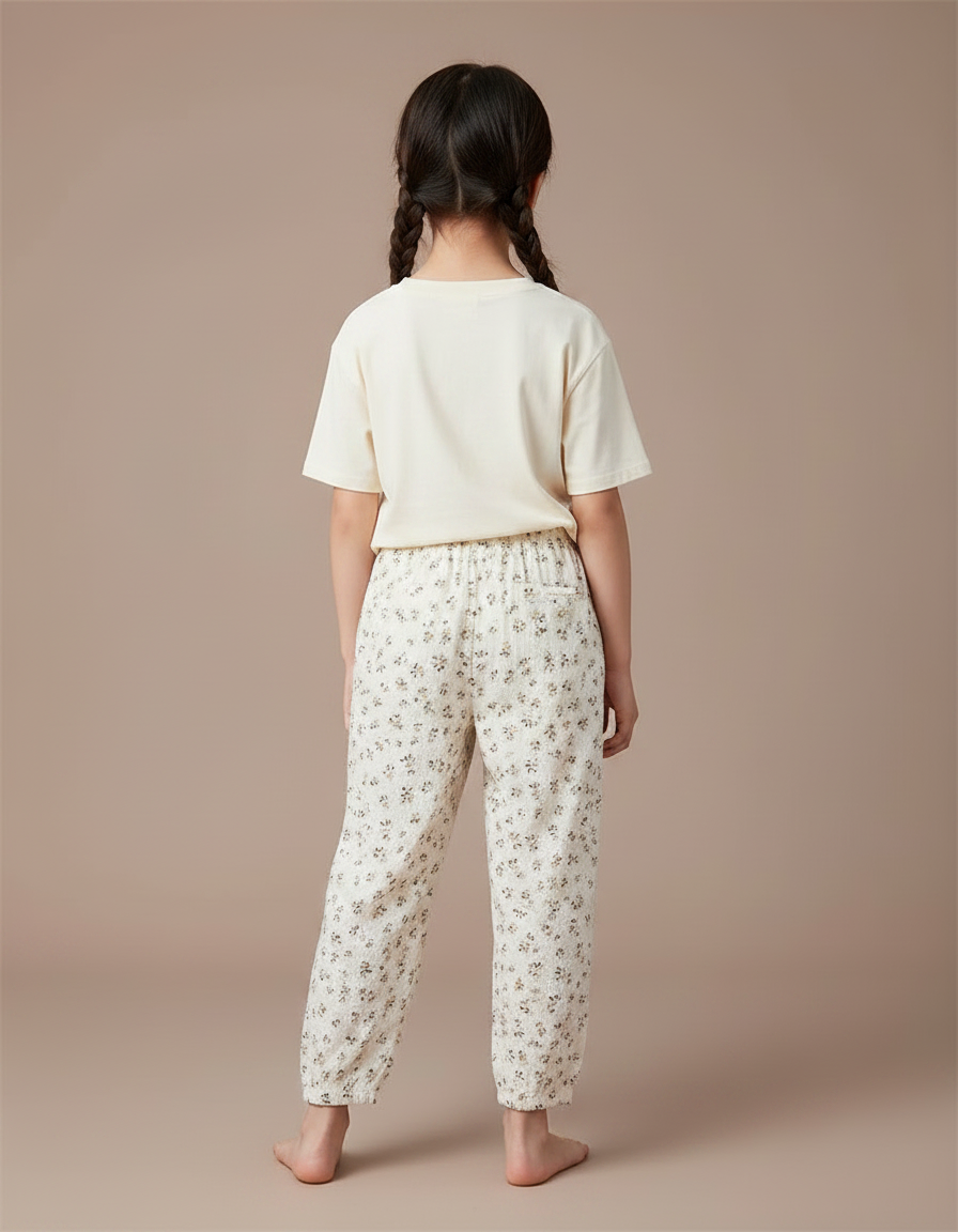 Pantalon Chinois Écru Fleuri Ample Mousseline Enfant - Beige Coton - vue 2
