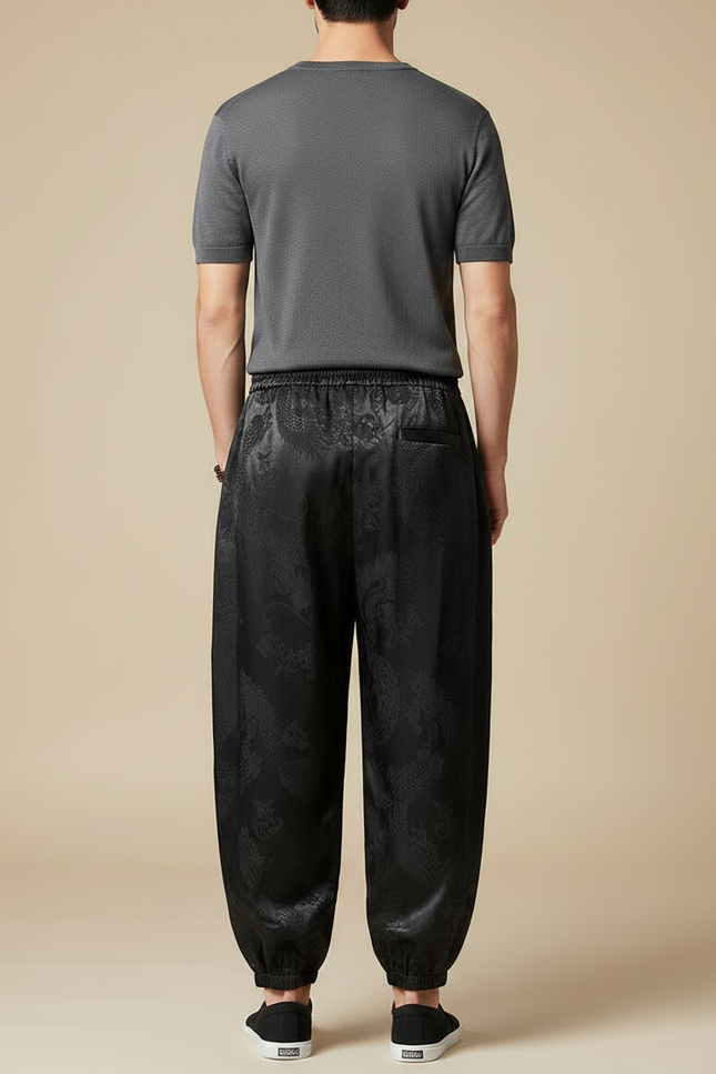 Pantalon Chinois Noir Ample Dragon Satin Homme - vue 2