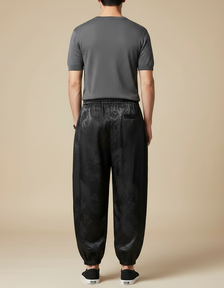 Pantalon Chinois Noir Ample Dragon Satin Homme - vue 2