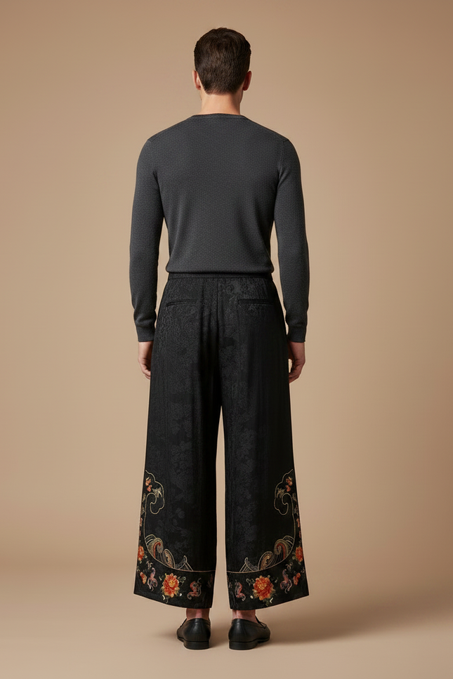Pantalon Chinois Noir Brodé Ample Jacquard Vintage - Soie - vue 2