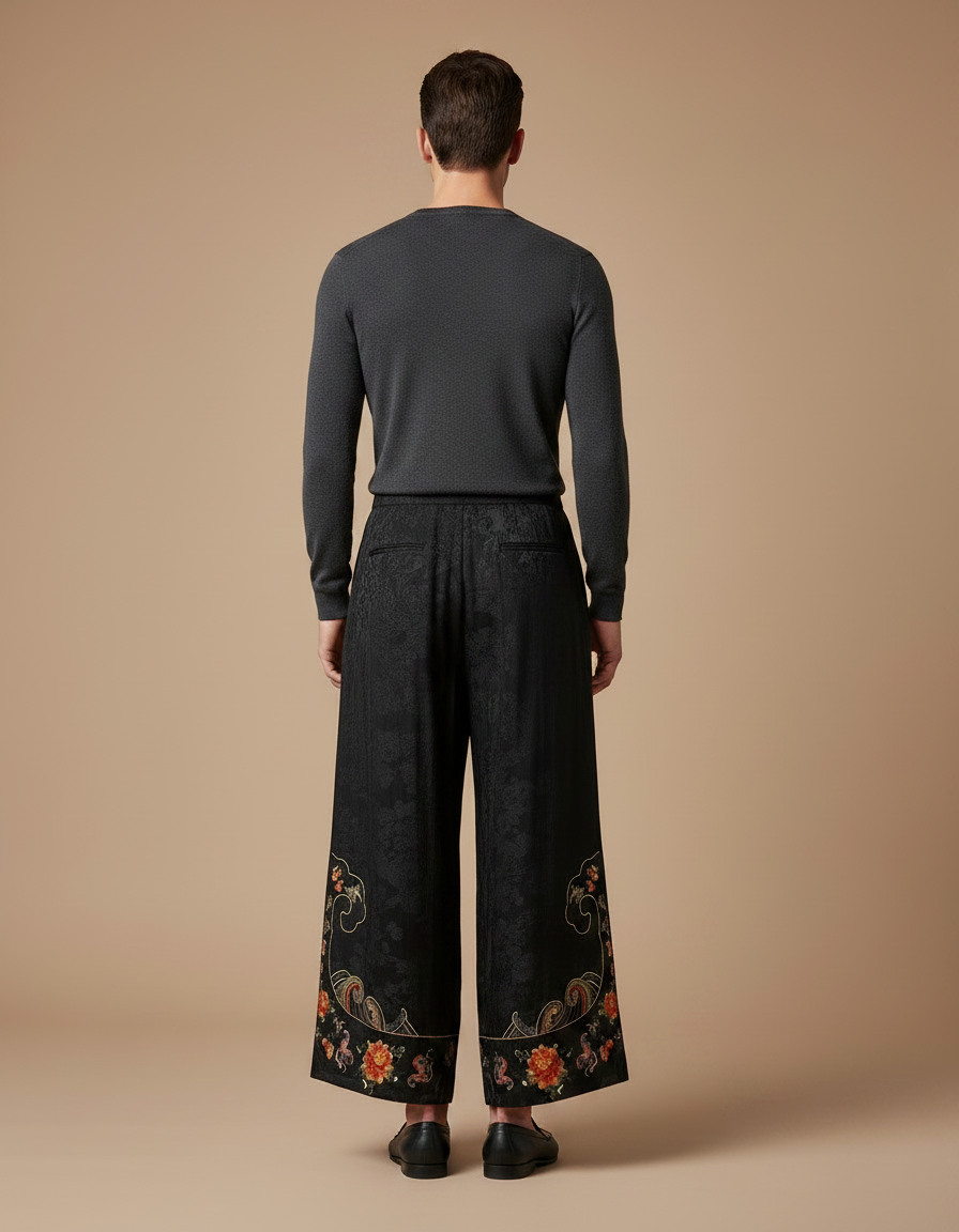 Pantalon Chinois Noir Brodé Ample Jacquard Vintage - Soie - vue 2