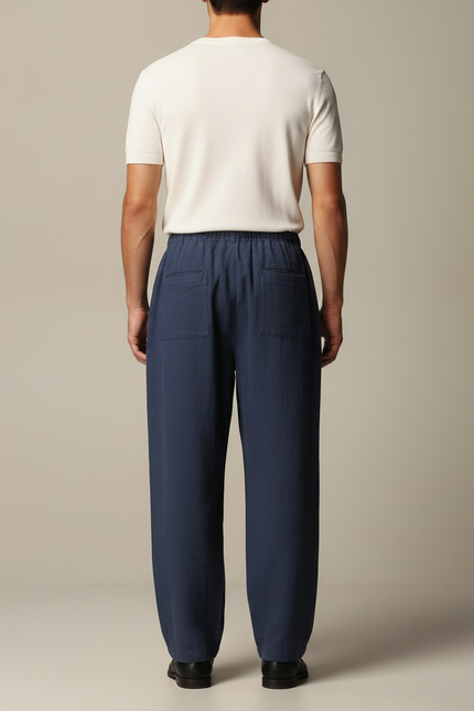 Pantalon Chinois Bleu Marine Ample Lin Décontracté - vue 2