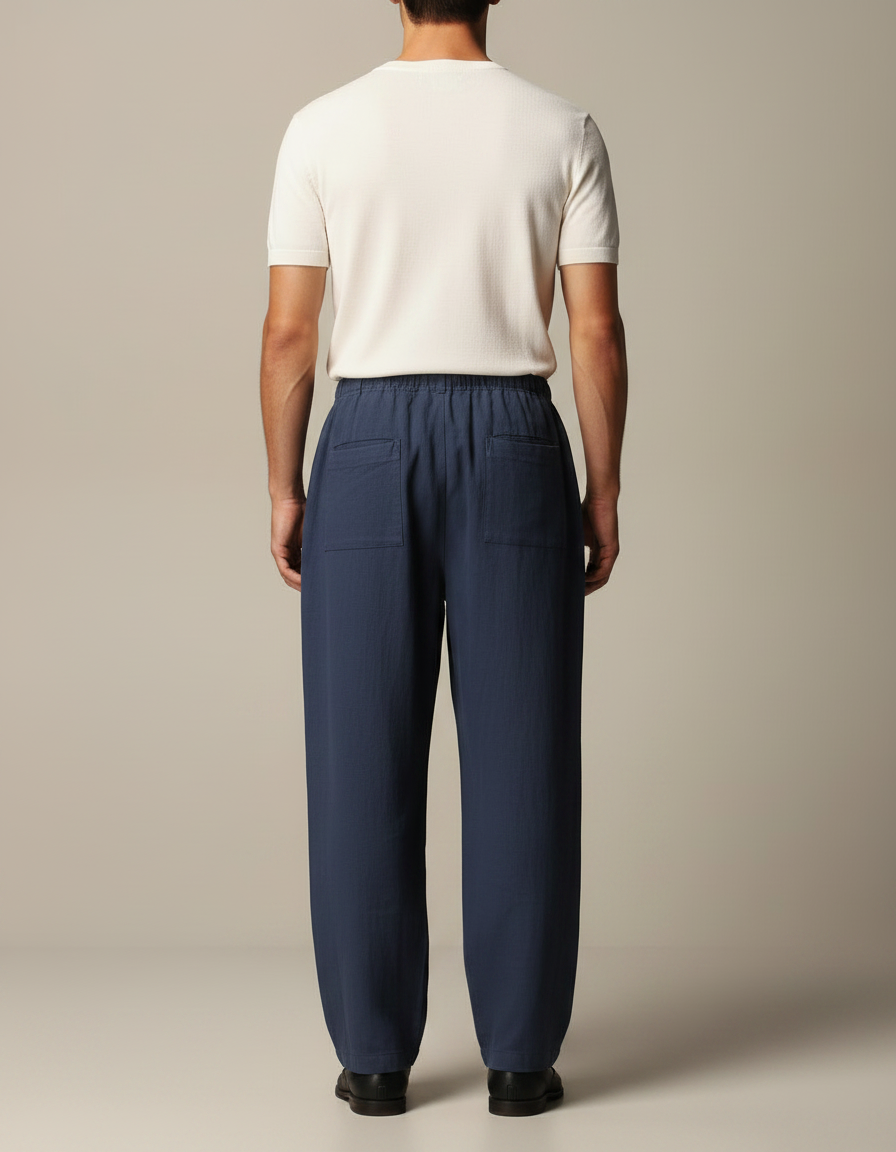 Pantalon Chinois Bleu Marine Ample Lin Décontracté - vue 2