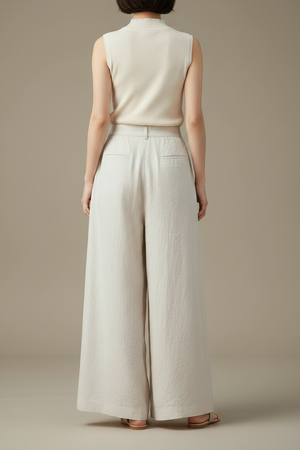 Pantalon Chinois Beige Ample Lin Décontracté Fluide Femme - vue 2
