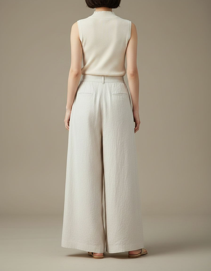 Pantalon Chinois Beige Ample Lin Décontracté Fluide Femme - vue 2