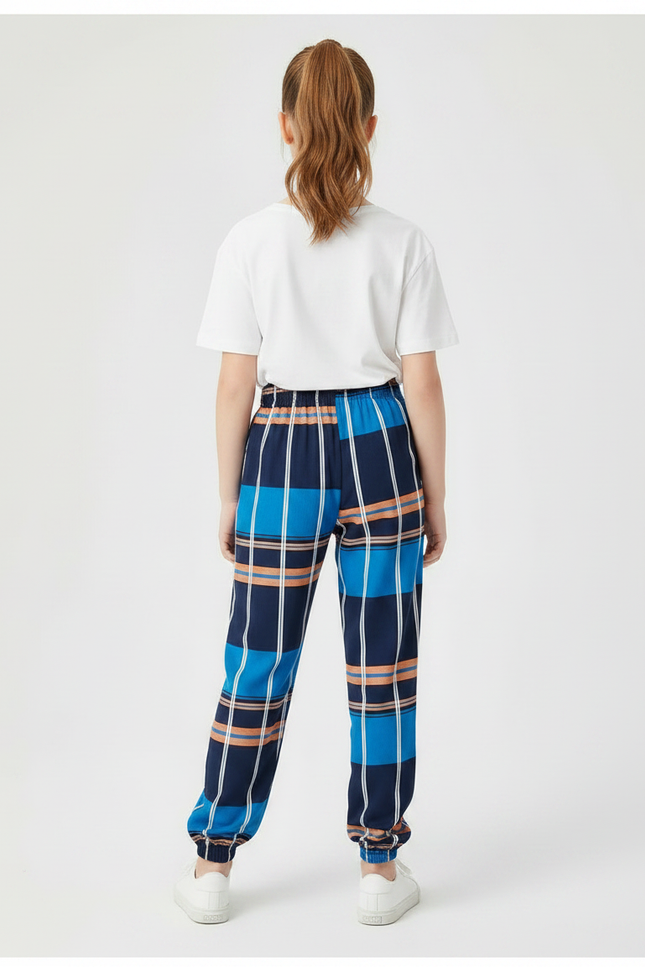 Pantalon Chinois Carreaux Bleu Marine Ample Fille - Multicolore Polyester - vue 2