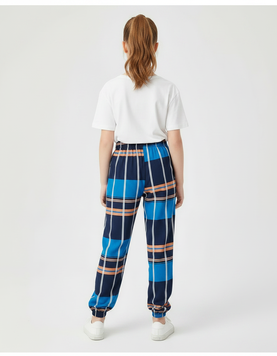 Pantalon Chinois Carreaux Bleu Marine Ample Fille - Multicolore Polyester - vue 2