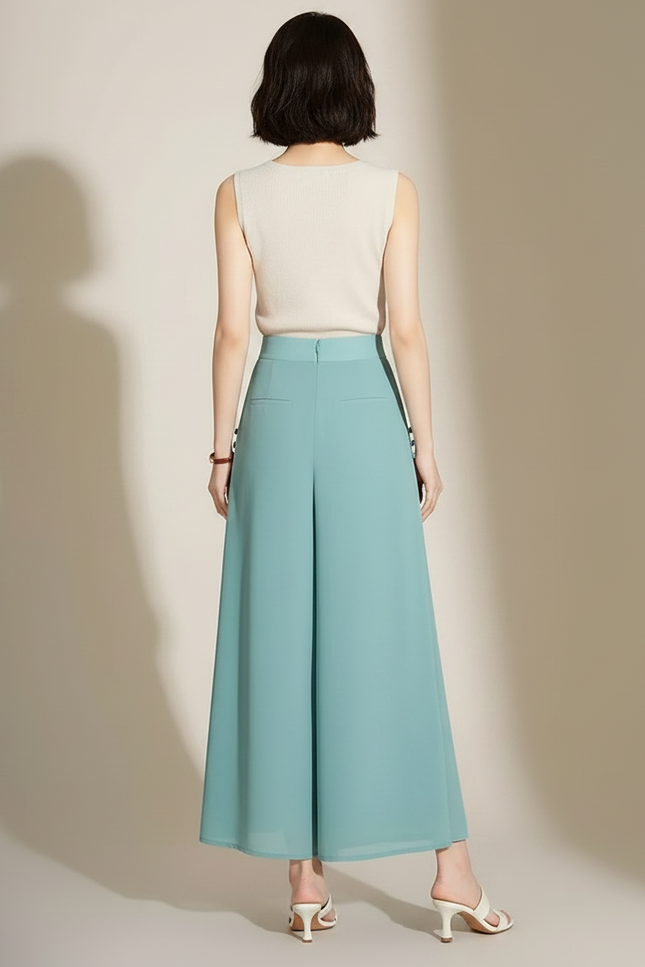 Pantalon Chinois Fluide Bleu Chiffon Fendu Élégant - Polyester - vue 2