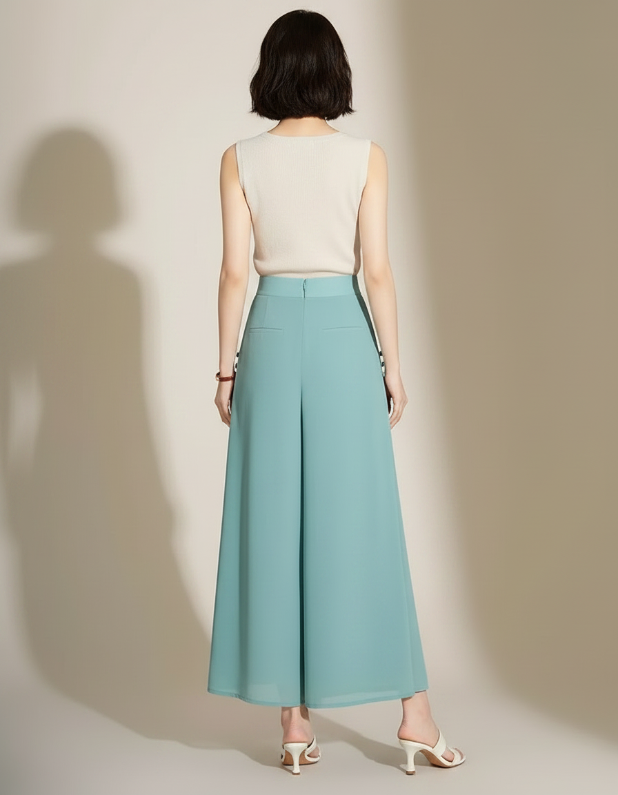 Pantalon Chinois Fluide Bleu Chiffon Fendu Élégant - Polyester - vue 2