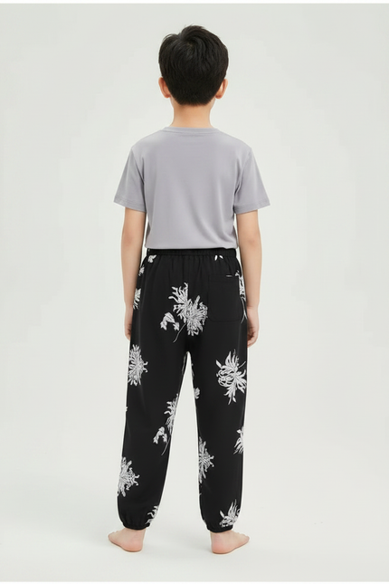 Pantalon Chinois Noir Blanc Ample Fleuri Enfant - Imprimé Viscose - vue 2