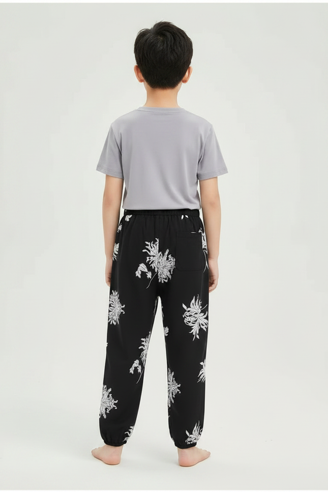 Pantalon Chinois Noir Blanc Ample Fleuri Enfant - Imprimé Viscose - vue 2